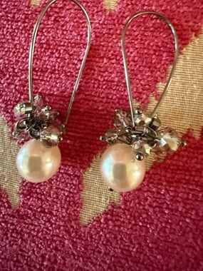 Pearl Drop Cluster Earrings - White Pearl and Clear Crystal